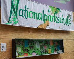 Das Banner gestalteten Realschüler zusammen mit Rudi Ranzinger. Im Schaukasten werden aktuelle Arbeiten zum Thema Nationalpark gezeigt.